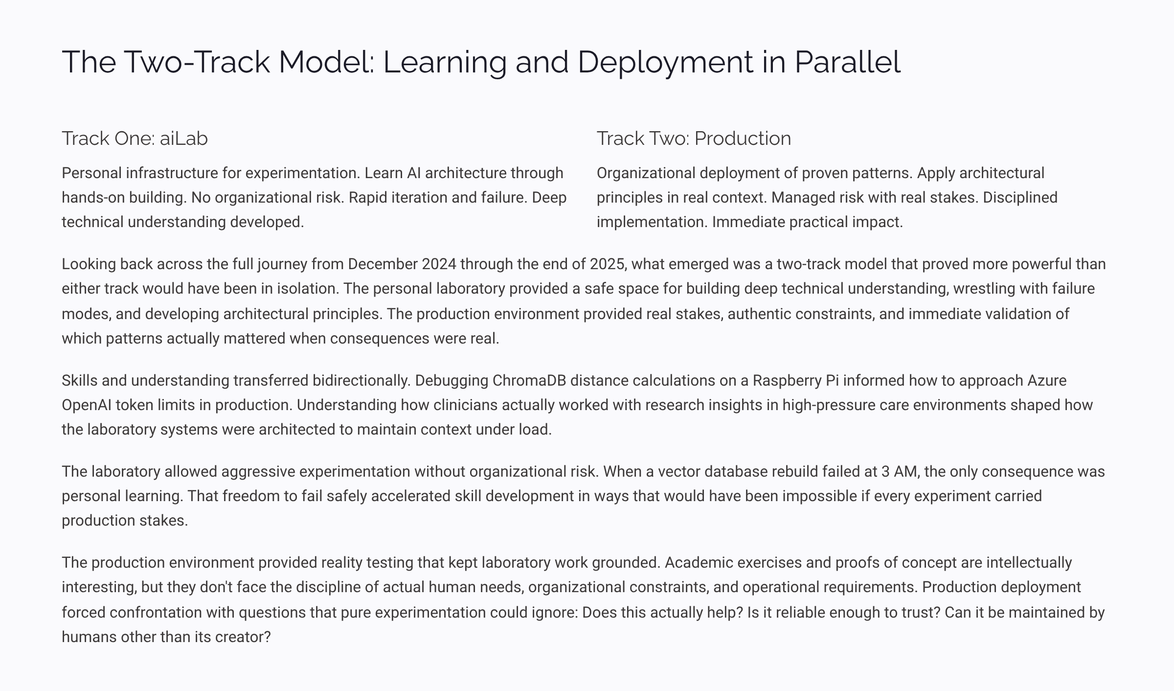 The Two-Track Model: Learning and Deployment in Parallel